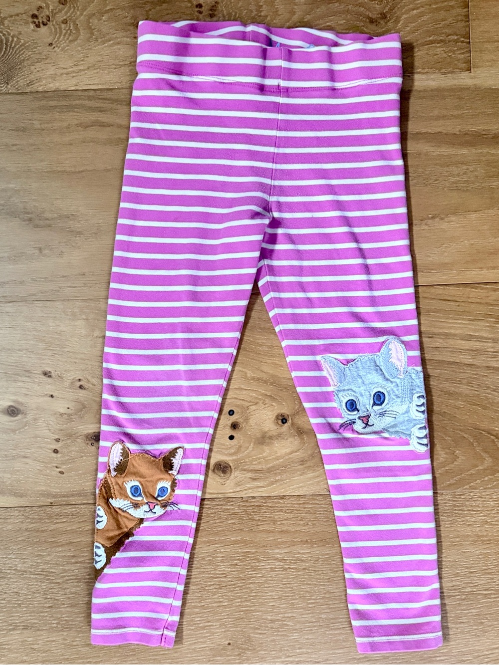 Mini Boden Girls Stripe Kitty Cat Applique Leggings Sz 5/6 Animal Pink White GUC